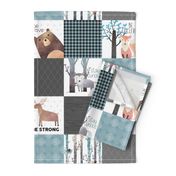 Woodland Critters Patchwork Quilt - Bear Moose Fox Raccoon Wolf, Gray & Blue Design GingerLous