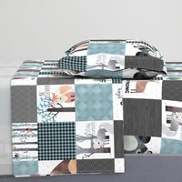 Woodland Critters Patchwork Quilt - Bear Moose Fox Raccoon Wolf, Gray & Blue Design GingerLous