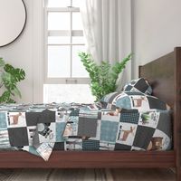 Woodland Critters Patchwork Quilt - Bear Moose Fox Raccoon Wolf, Gray & Blue Design GingerLous