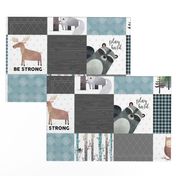 Woodland Critters Patchwork Quilt - Bear Moose Fox Raccoon Wolf, Gray & Blue Design GingerLous