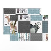 Woodland Critters Patchwork Quilt - Bear Moose Fox Raccoon Wolf, Gray & Blue Design GingerLous