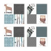 Woodland Critters Patchwork Quilt - Bear Moose Fox Raccoon Wolf, Gray & Blue Design GingerLous