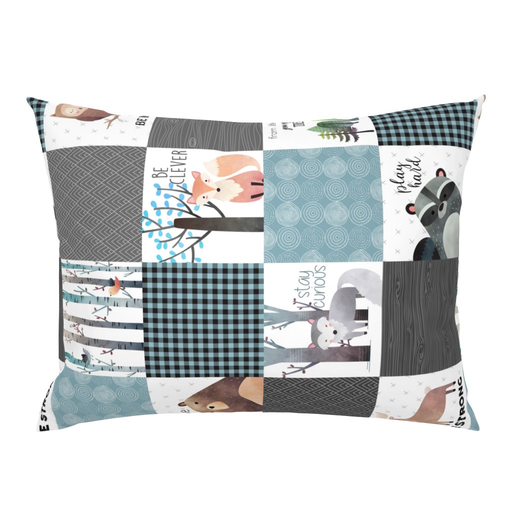 Woodland Critters Patchwork Quilt (rotated) - Bear Moose Fox Raccoon Wolf, Gray & Blue Design GingerLous