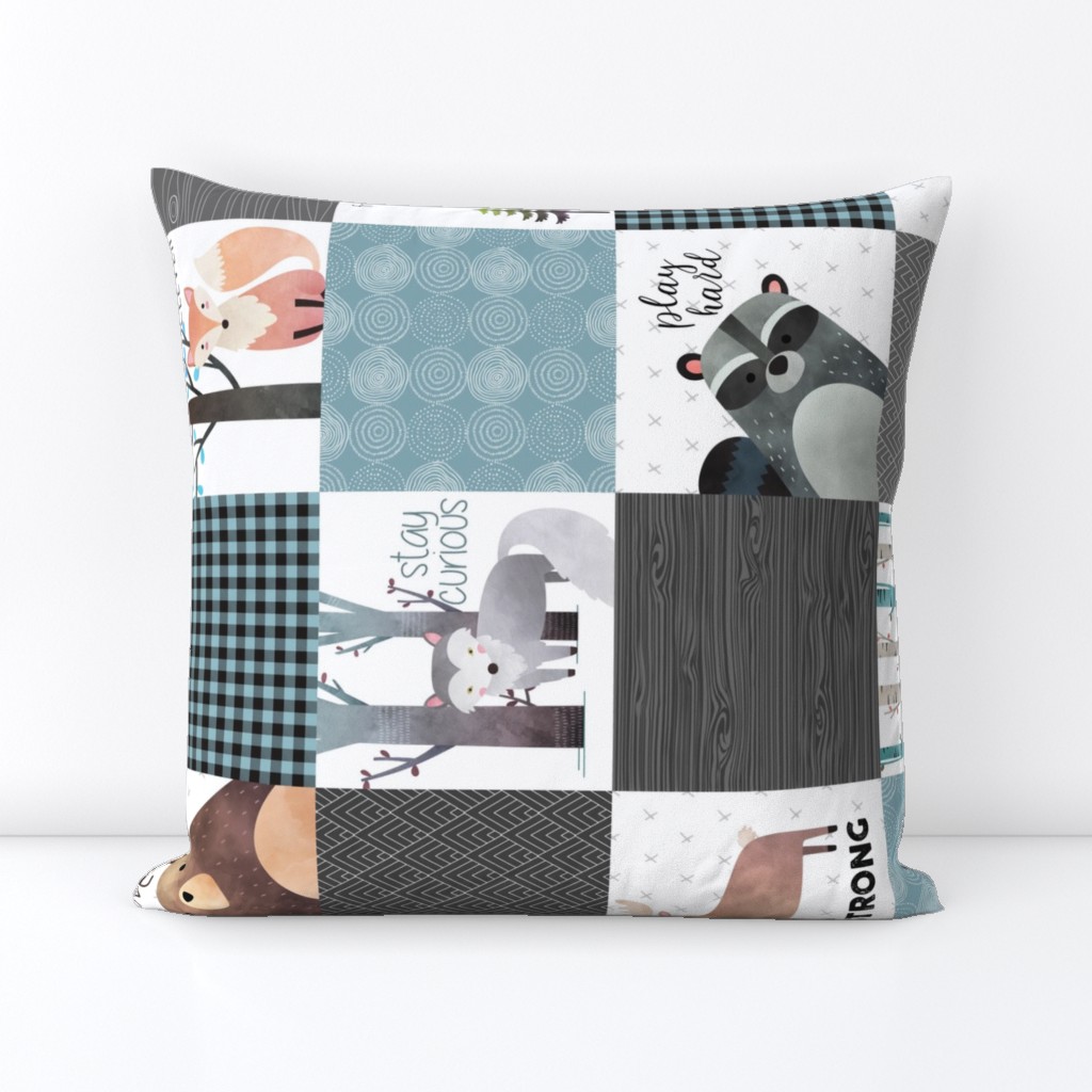 Woodland Critters Patchwork Quilt (rotated) - Bear Moose Fox Raccoon Wolf, Gray & Blue Design GingerLous