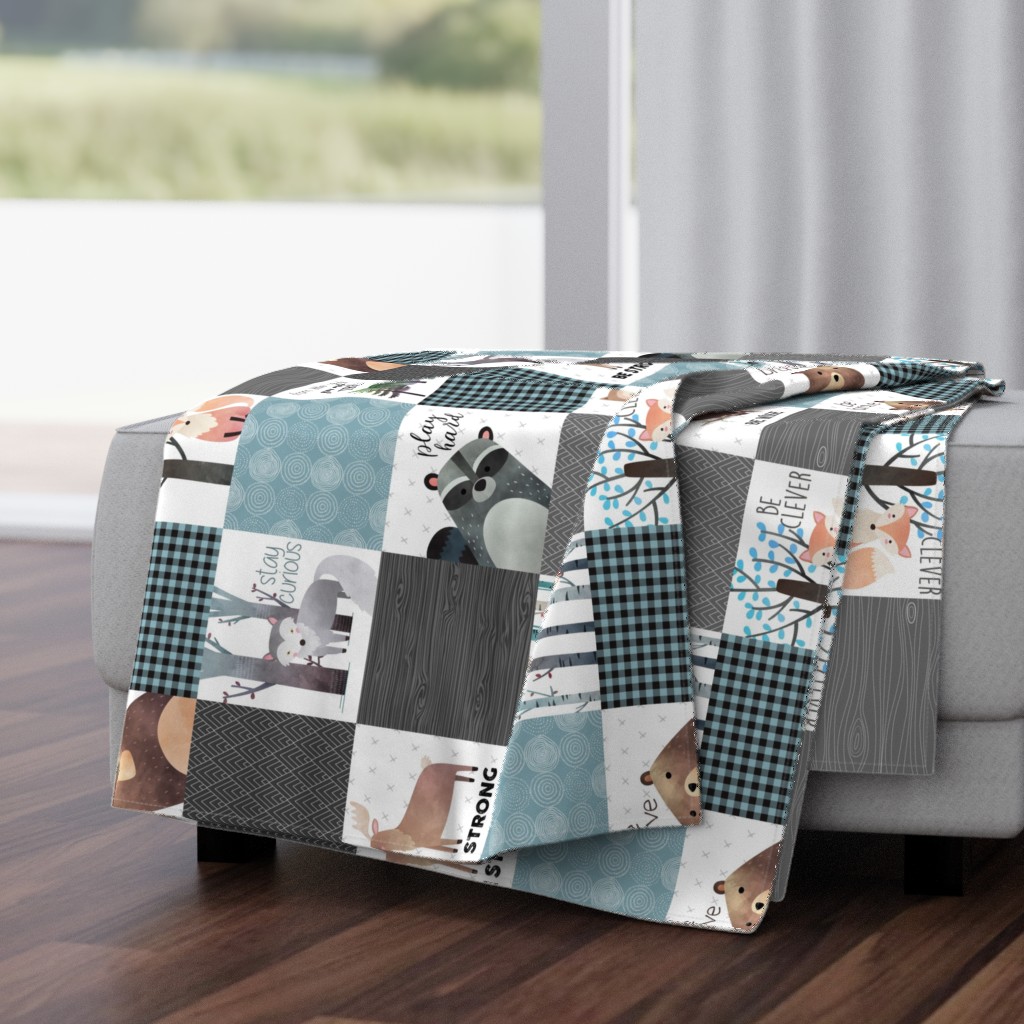 Woodland Critters Patchwork Quilt (rotated) - Bear Moose Fox Raccoon Wolf, Gray & Blue Design GingerLous