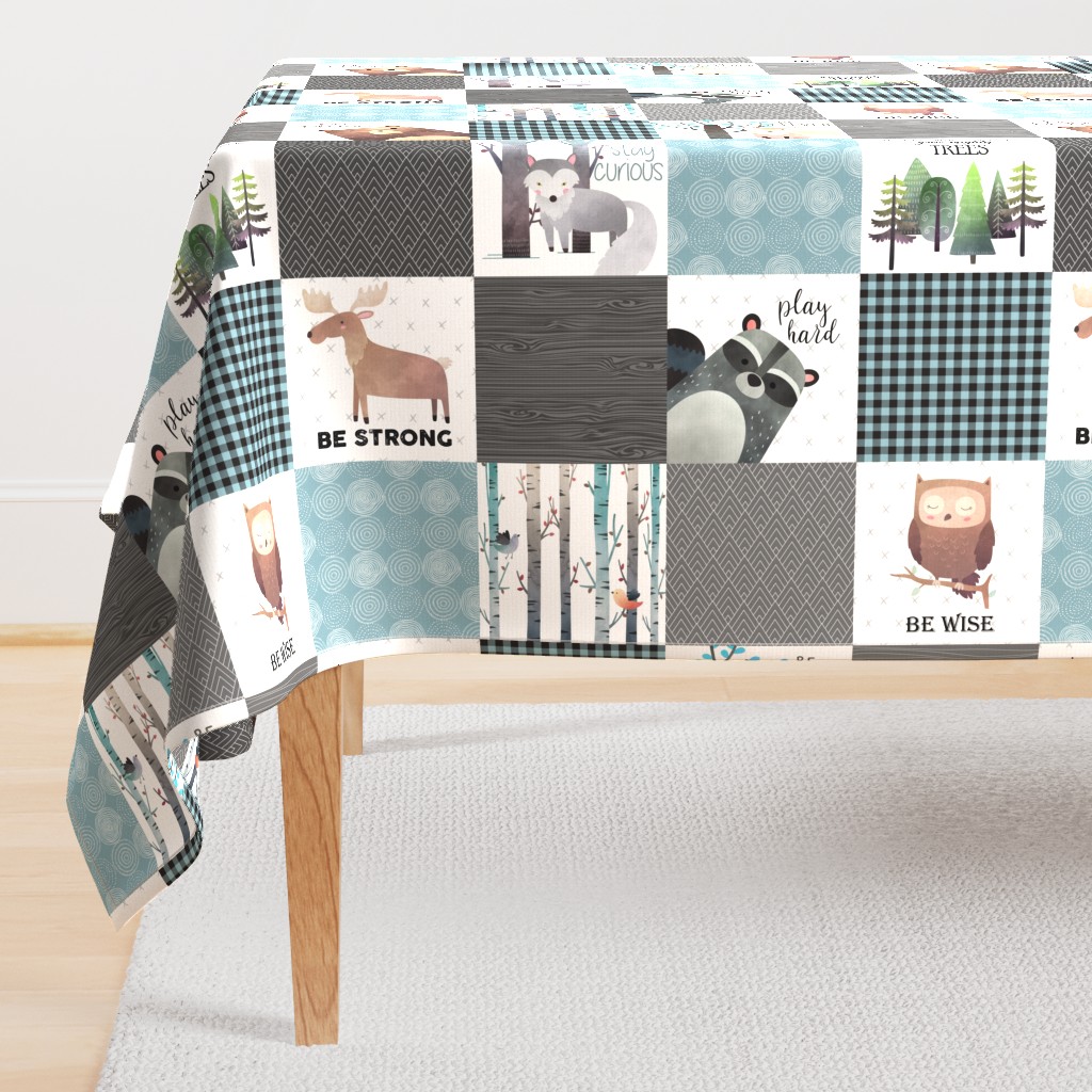 Woodland Critters Patchwork Quilt (rotated) - Bear Moose Fox Raccoon Wolf, Gray & Blue Design GingerLous