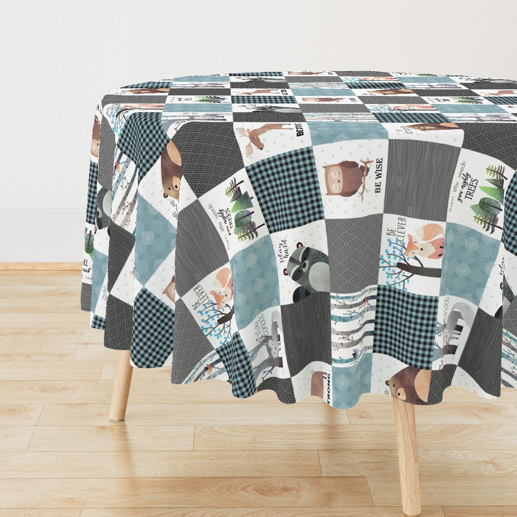 Woodland Critters Patchwork Quilt (rotated) - Bear Moose Fox Raccoon Wolf, Gray & Blue Design GingerLous