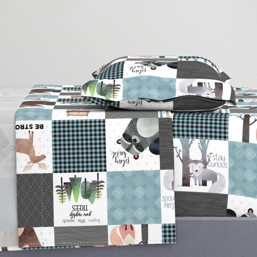 Woodland Critters Patchwork Quilt (rotated) - Bear Moose Fox Raccoon Wolf, Gray & Blue Design GingerLous