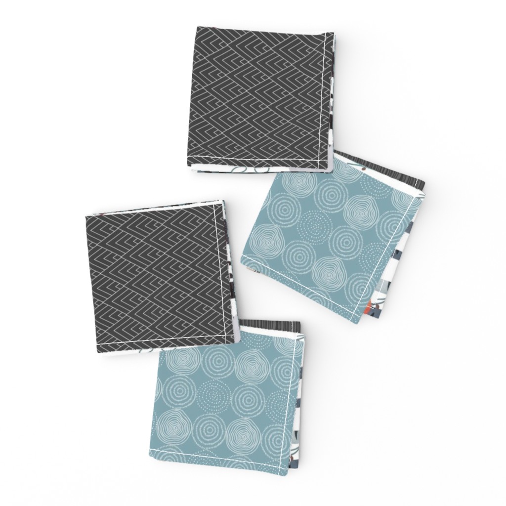 Woodland Critters Patchwork Quilt (rotated) - Bear Moose Fox Raccoon Wolf, Gray & Blue Design GingerLous