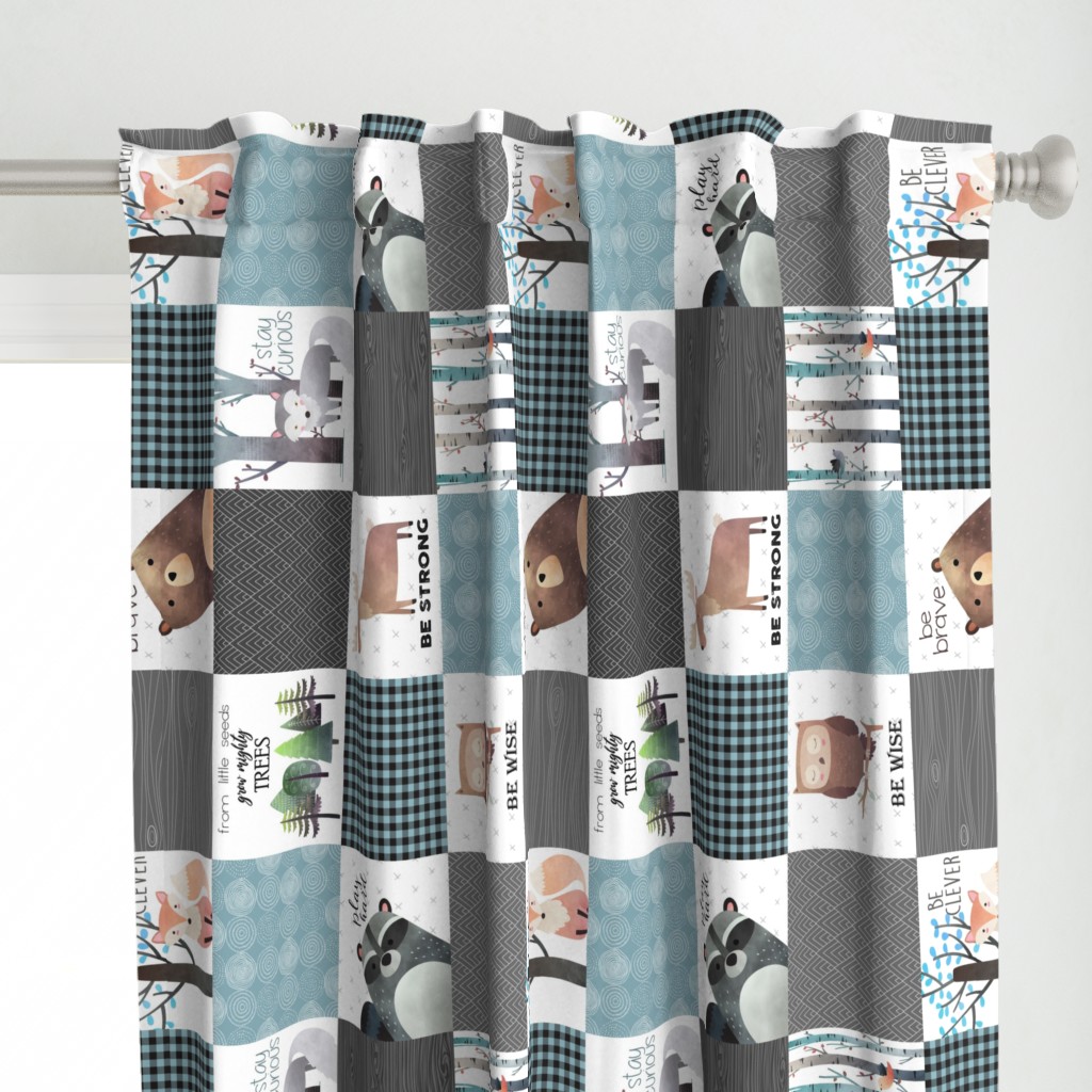 Woodland Critters Patchwork Quilt (rotated) - Bear Moose Fox Raccoon Wolf, Gray & Blue Design GingerLous