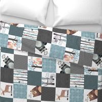 Woodland Critters Patchwork Quilt (rotated) - Bear Moose Fox Raccoon Wolf, Gray & Blue Design GingerLous