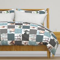 Woodland Critters Patchwork Quilt (rotated) - Bear Moose Fox Raccoon Wolf, Gray & Blue Design GingerLous