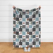 Woodland Critters Patchwork Quilt (rotated) - Bear Moose Fox Raccoon Wolf, Gray & Blue Design GingerLous