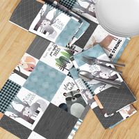 Woodland Critters Patchwork Quilt (rotated) - Bear Moose Fox Raccoon Wolf, Gray & Blue Design GingerLous