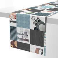 Woodland Critters Patchwork Quilt (rotated) - Bear Moose Fox Raccoon Wolf, Gray & Blue Design GingerLous