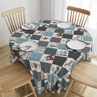 Woodland Critters Patchwork Quilt (rotated) - Bear Moose Fox Raccoon Wolf, Gray & Blue Design GingerLous