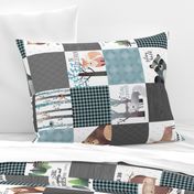 Woodland Critters Patchwork Quilt (rotated) - Bear Moose Fox Raccoon Wolf, Gray & Blue Design GingerLous