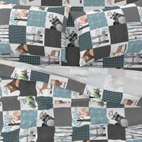 Woodland Critters Patchwork Quilt (rotated) - Bear Moose Fox Raccoon Wolf, Gray & Blue Design GingerLous