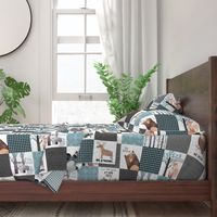 Woodland Critters Patchwork Quilt (rotated) - Bear Moose Fox Raccoon Wolf, Gray & Blue Design GingerLous