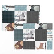 Woodland Critters Patchwork Quilt (rotated) - Bear Moose Fox Raccoon Wolf, Gray & Blue Design GingerLous