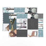 Woodland Critters Patchwork Quilt (rotated) - Bear Moose Fox Raccoon Wolf, Gray & Blue Design GingerLous