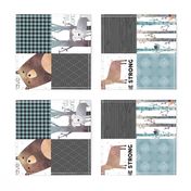 Woodland Critters Patchwork Quilt (rotated) - Bear Moose Fox Raccoon Wolf, Gray & Blue Design GingerLous