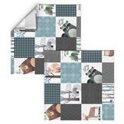 Woodland Critters Patchwork Quilt (rotated) - Bear Moose Fox Raccoon Wolf, Gray & Blue Design GingerLous