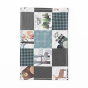 Woodland Critters Patchwork Quilt (rotated) - Bear Moose Fox Raccoon Wolf, Gray & Blue Design GingerLous