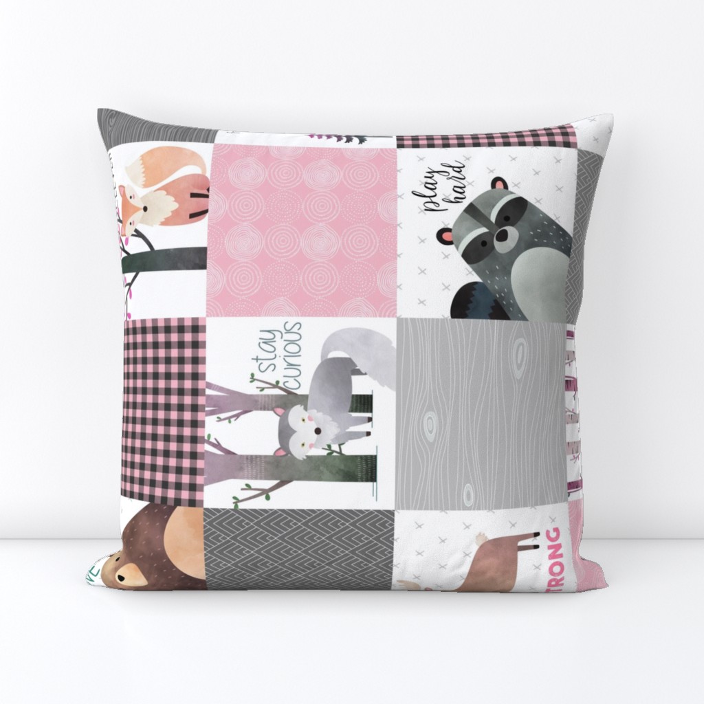 Woodland Critters Patchwork Quilt - Bear Moose Fox Raccoon Wolf, Gray & Pink Design ROTATED GingerLous