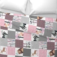 Woodland Critters Patchwork Quilt - Bear Moose Fox Raccoon Wolf, Gray & Pink Design ROTATED GingerLous