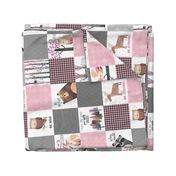 Woodland Critters Patchwork Quilt - Bear Moose Fox Raccoon Wolf, Gray & Pink Design ROTATED GingerLous