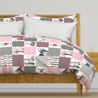 Woodland Critters Patchwork Quilt - Bear Moose Fox Raccoon Wolf, Gray & Pink Design ROTATED GingerLous