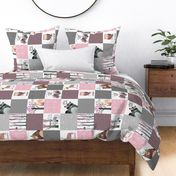 Woodland Critters Patchwork Quilt - Bear Moose Fox Raccoon Wolf, Gray & Pink Design ROTATED GingerLous