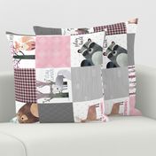 Woodland Critters Patchwork Quilt - Bear Moose Fox Raccoon Wolf, Gray & Pink Design ROTATED GingerLous