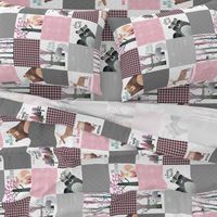 Woodland Critters Patchwork Quilt - Bear Moose Fox Raccoon Wolf, Gray & Pink Design ROTATED GingerLous