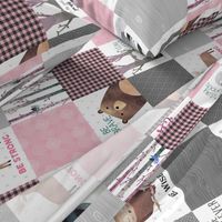 Woodland Critters Patchwork Quilt - Bear Moose Fox Raccoon Wolf, Gray & Pink Design ROTATED GingerLous