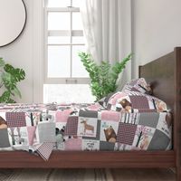 Woodland Critters Patchwork Quilt - Bear Moose Fox Raccoon Wolf, Gray & Pink Design ROTATED GingerLous