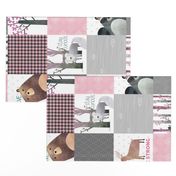 Woodland Critters Patchwork Quilt - Bear Moose Fox Raccoon Wolf, Gray & Pink Design ROTATED GingerLous