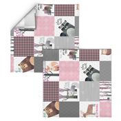 Woodland Critters Patchwork Quilt - Bear Moose Fox Raccoon Wolf, Gray & Pink Design ROTATED GingerLous