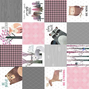 Woodland Critters Patchwork Quilt - Bear Moose Fox Raccoon Wolf, Gray & Pink Design ROTATED GingerLous