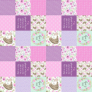 3" BLOCKS- Little Lady Patchwork Quilt (rotated) - Woodland Bear + Bunny Floral Pink + Lavender Wholecloth Best Friends 2 Coordinate for Girls GingerLous