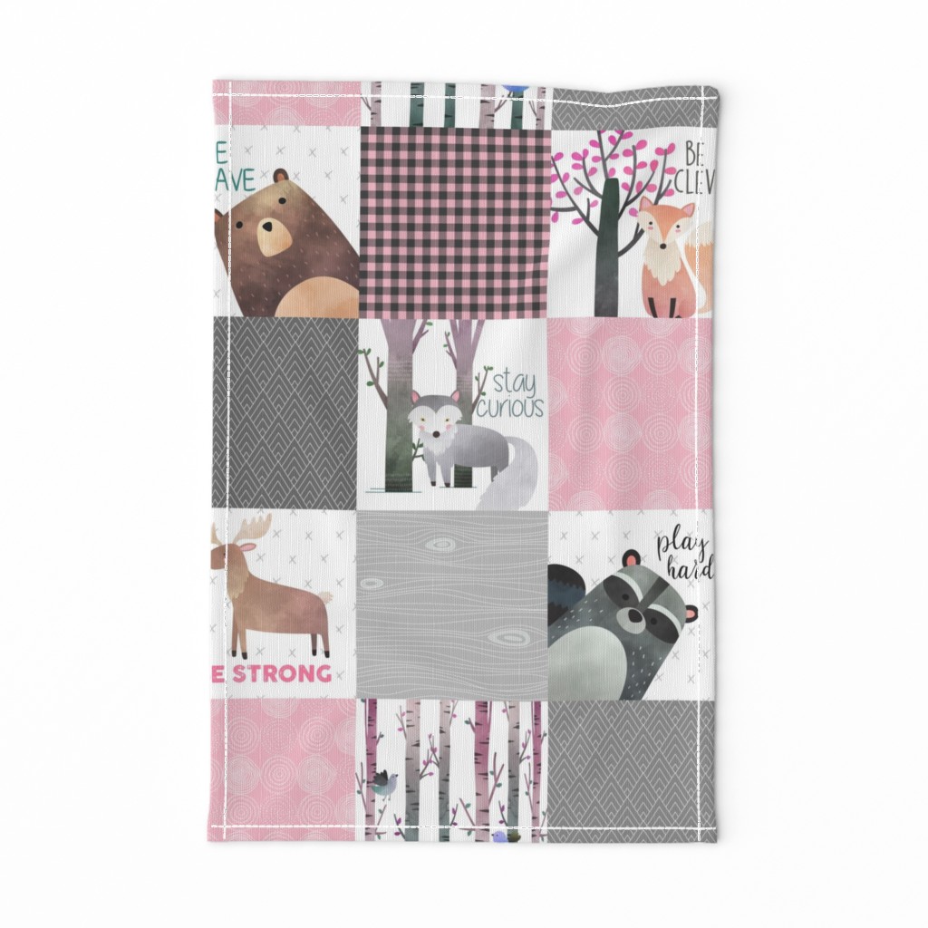 Woodland Critters Patchwork Quilt - Bear Moose Fox Raccoon Wolf, Grey & Pink Design GingerLous