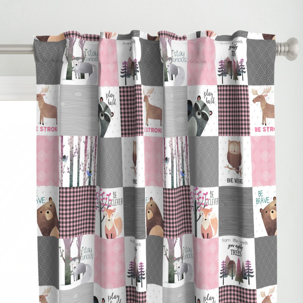 Woodland Critters Patchwork Quilt - Bear Moose Fox Raccoon Wolf, Grey & Pink Design GingerLous