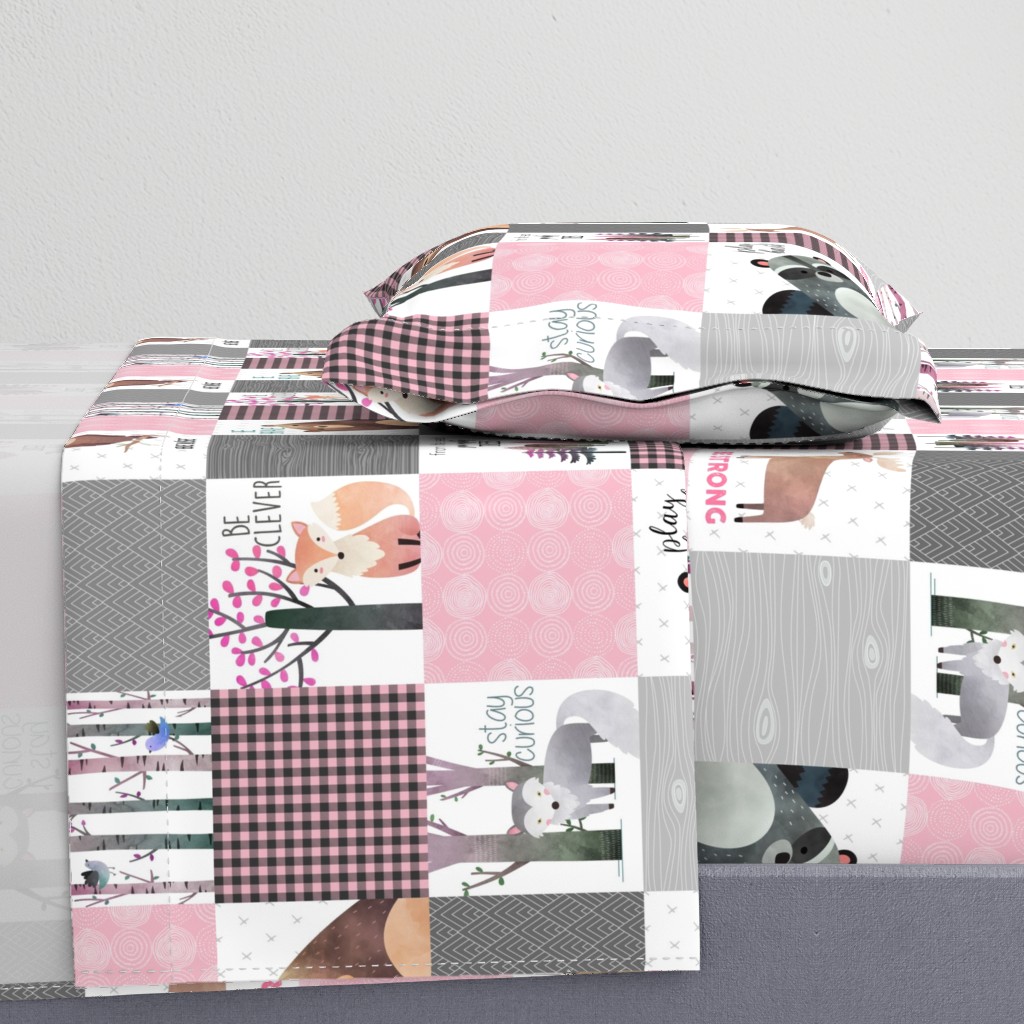 Woodland Critters Patchwork Quilt - Bear Moose Fox Raccoon Wolf, Grey & Pink Design GingerLous