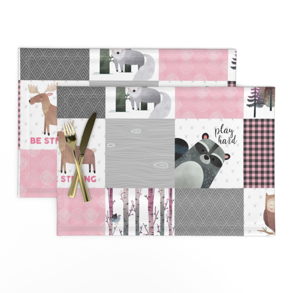 Woodland Critters Patchwork Quilt - Bear Moose Fox Raccoon Wolf, Grey & Pink Design GingerLous