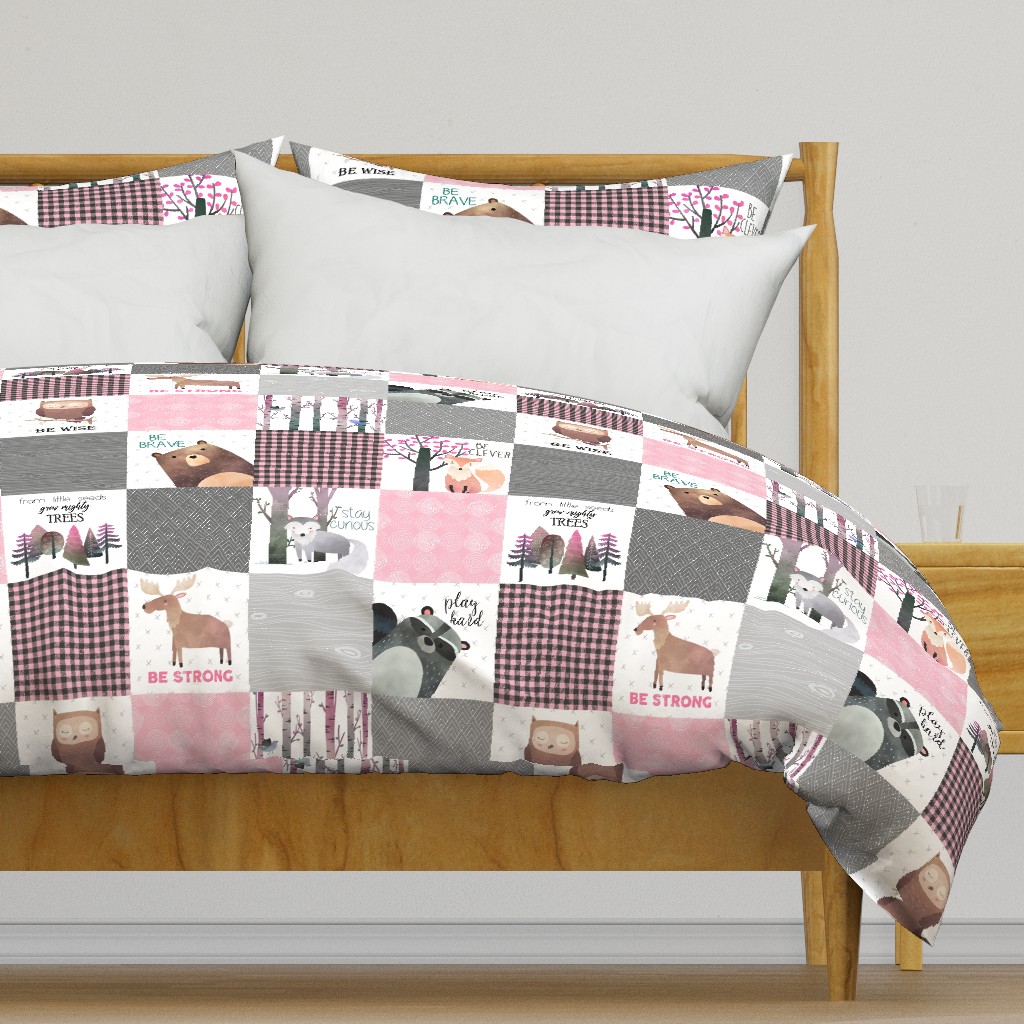 Woodland Critters Patchwork Quilt - Bear Moose Fox Raccoon Wolf, Grey & Pink Design GingerLous