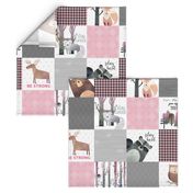 Woodland Critters Patchwork Quilt - Bear Moose Fox Raccoon Wolf, Grey & Pink Design GingerLous