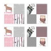 Woodland Critters Patchwork Quilt - Bear Moose Fox Raccoon Wolf, Grey & Pink Design GingerLous