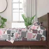 Woodland Critters Patchwork Quilt - Bear Moose Fox Raccoon Wolf, Grey & Pink Design GingerLous