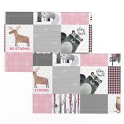 Woodland Critters Patchwork Quilt - Bear Moose Fox Raccoon Wolf, Grey & Pink Design GingerLous